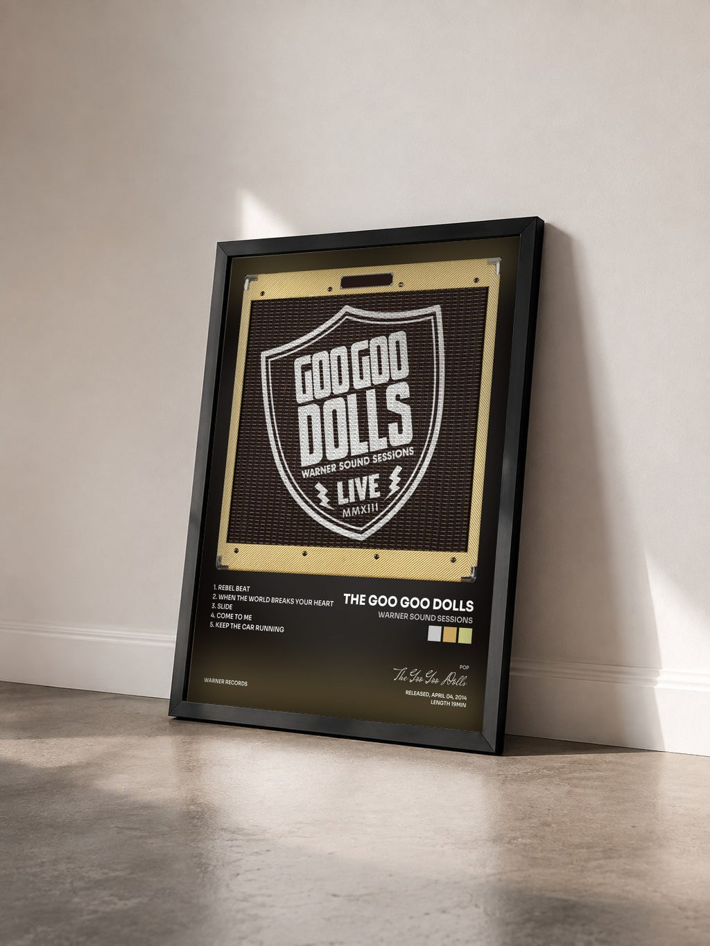#noir Tableau de l'album Warner Sound Sessions de The Goo Goo Dolls vu de trois quarts, cadre noir
