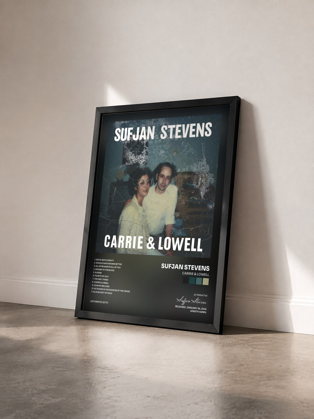 #noir Tableau de l'album Carrie & Lowell de Sufjan Stevens vu de trois quarts, cadre noir