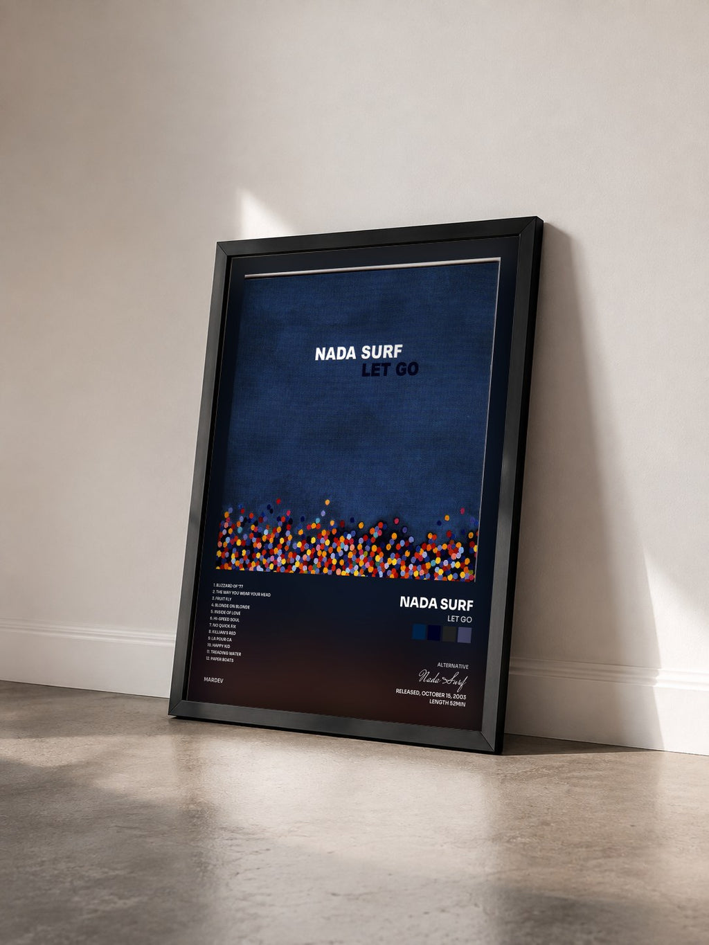 #noir Tableau de l'album Let Go de Nada Surf vu de trois quarts, cadre noir