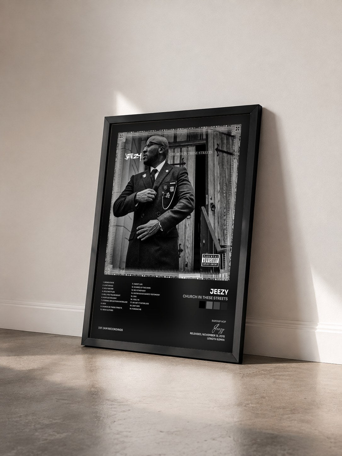 #noir Tableau de l'album Church In These Streets de Jeezy vu de trois quarts, cadre noir