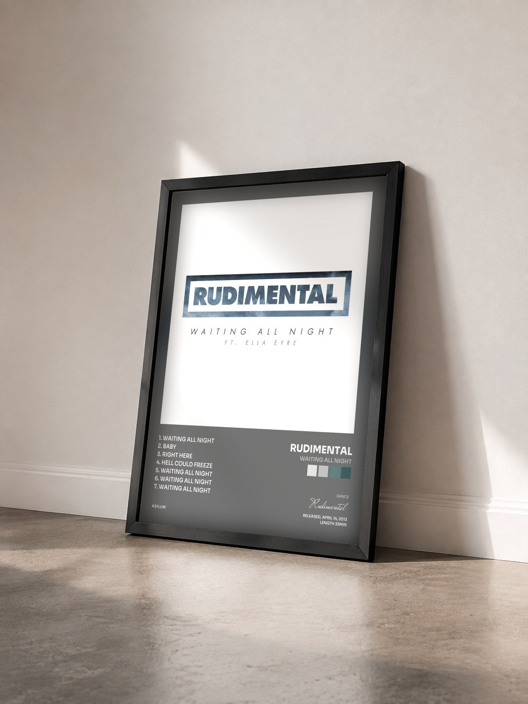 #noir Tableau de l'album Waiting All Night de Rudimental vu de trois quarts, cadre noir