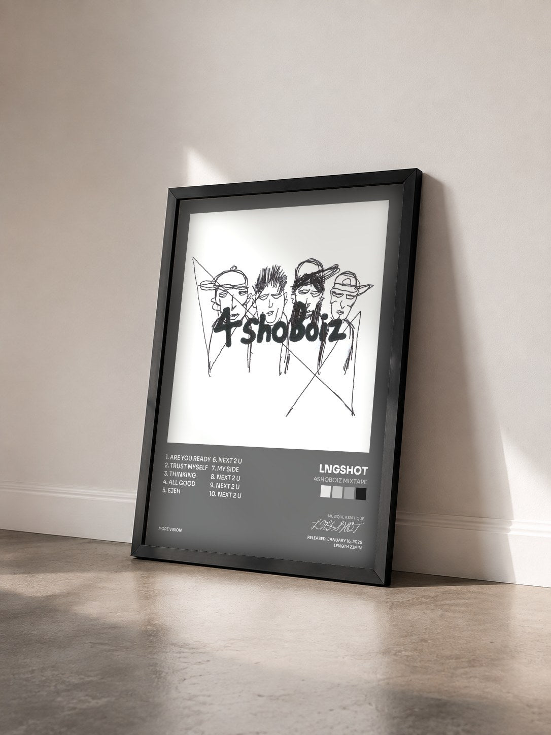 #noir Tableau de l'album 4SHOBOIZ MIXTAPE de LNGSHOT vu de trois quarts, cadre noir