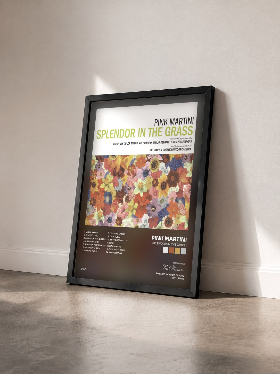 #noir Tableau de l'album Splendor in the Grass de Pink Martini vu de trois quarts, cadre noir