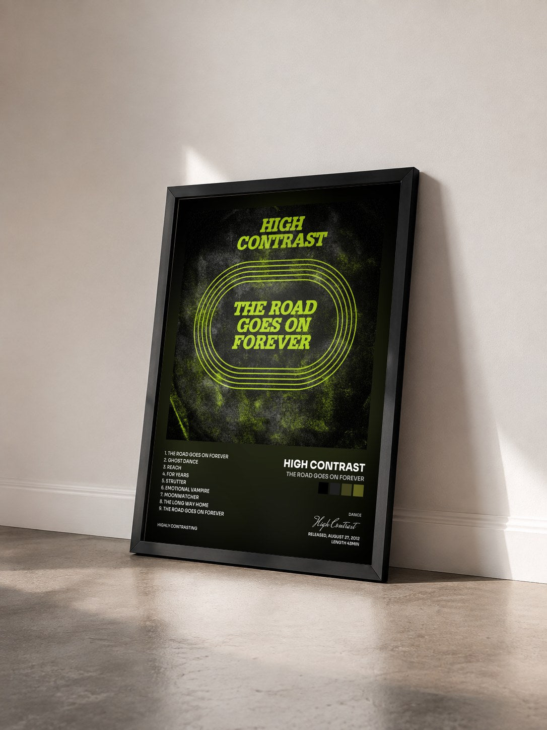 #noir Tableau de l'album The Road Goes On Forever de High Contrast vu de trois quarts, cadre noir