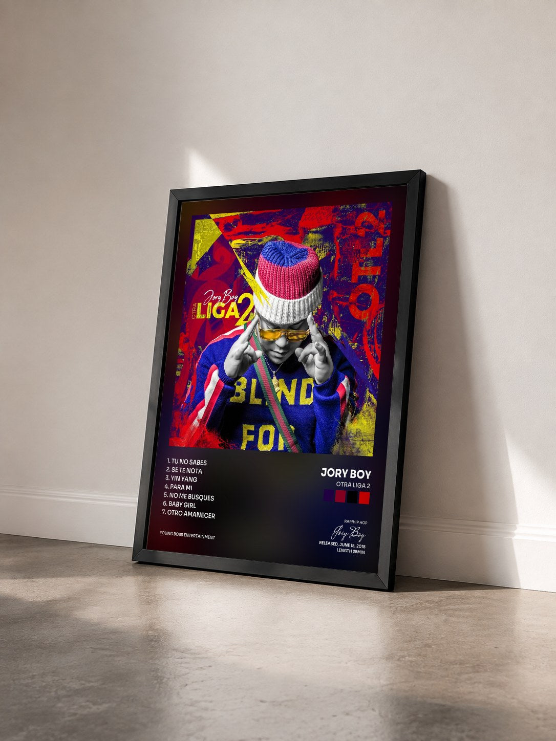 #noir Tableau de l'album Otra Liga 2 de Jory Boy vu de trois quarts, cadre noir