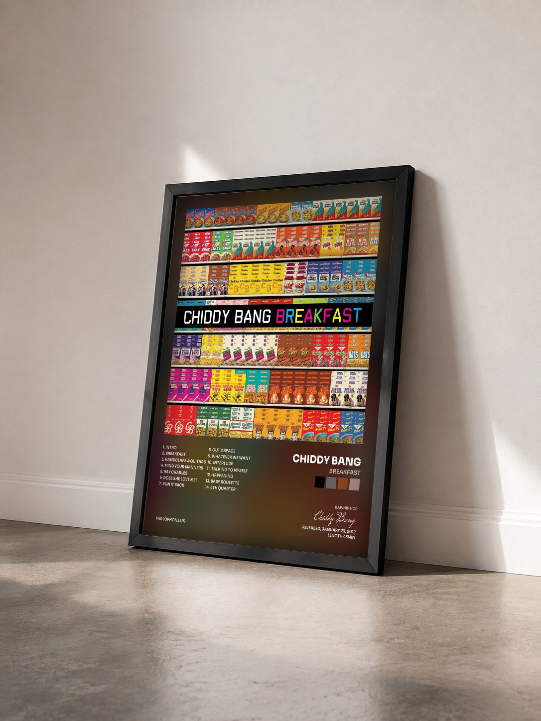 #noir Tableau de l'album Breakfast de Chiddy Bang vu de trois quarts, cadre noir