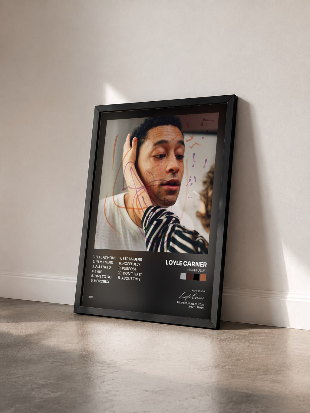 #noir Tableau de l'album hopefully ! de Loyle Carner vu de trois quarts, cadre noir