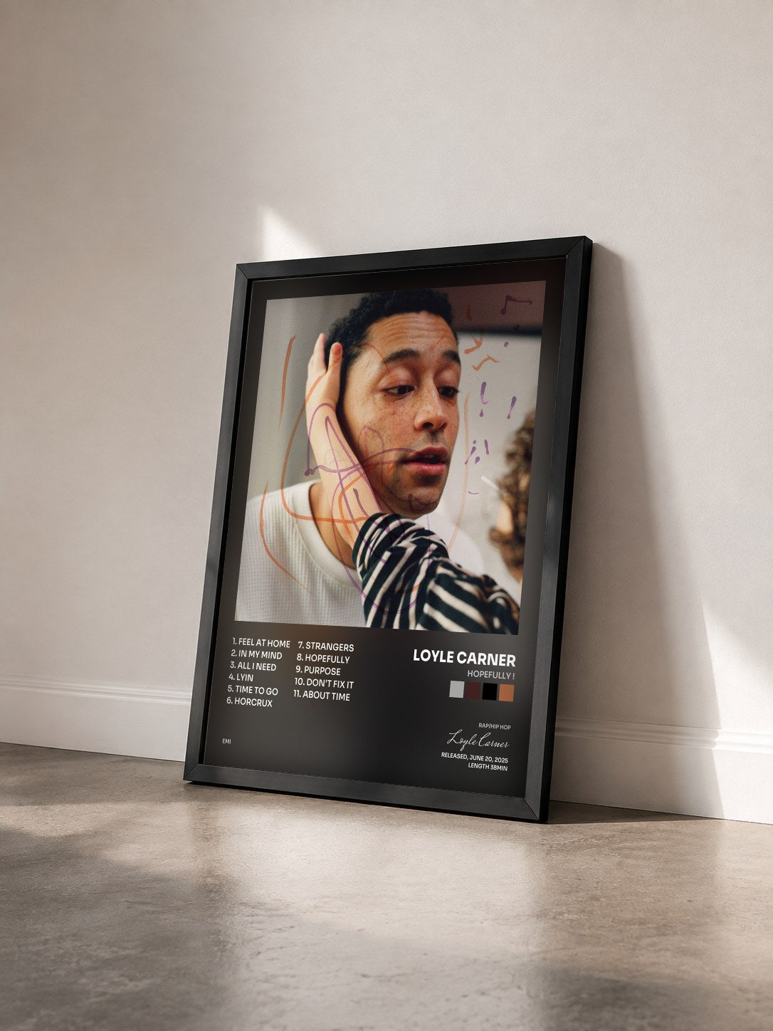 #noir Tableau de l'album hopefully ! de Loyle Carner vu de trois quarts, cadre noir