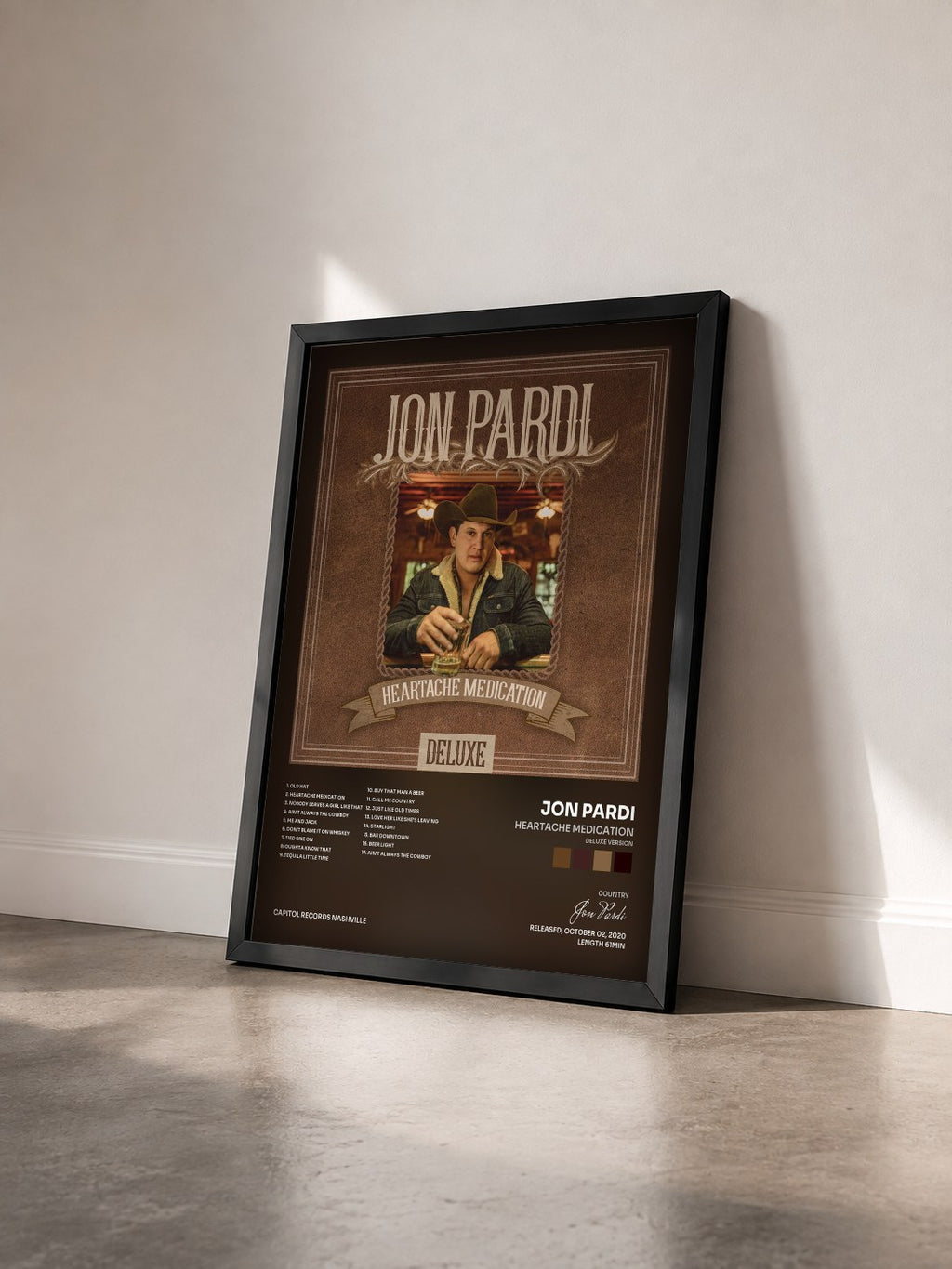 #noir Tableau de l'album Heartache Medication (Deluxe Version) de Jon Pardi vu de trois quarts, cadre noir
