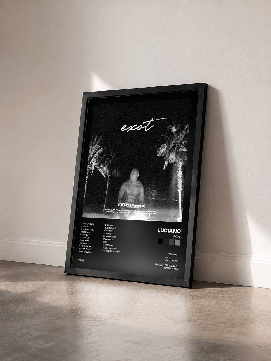 #noir Tableau de l'album EXOT de Luciano vu de trois quarts, cadre noir