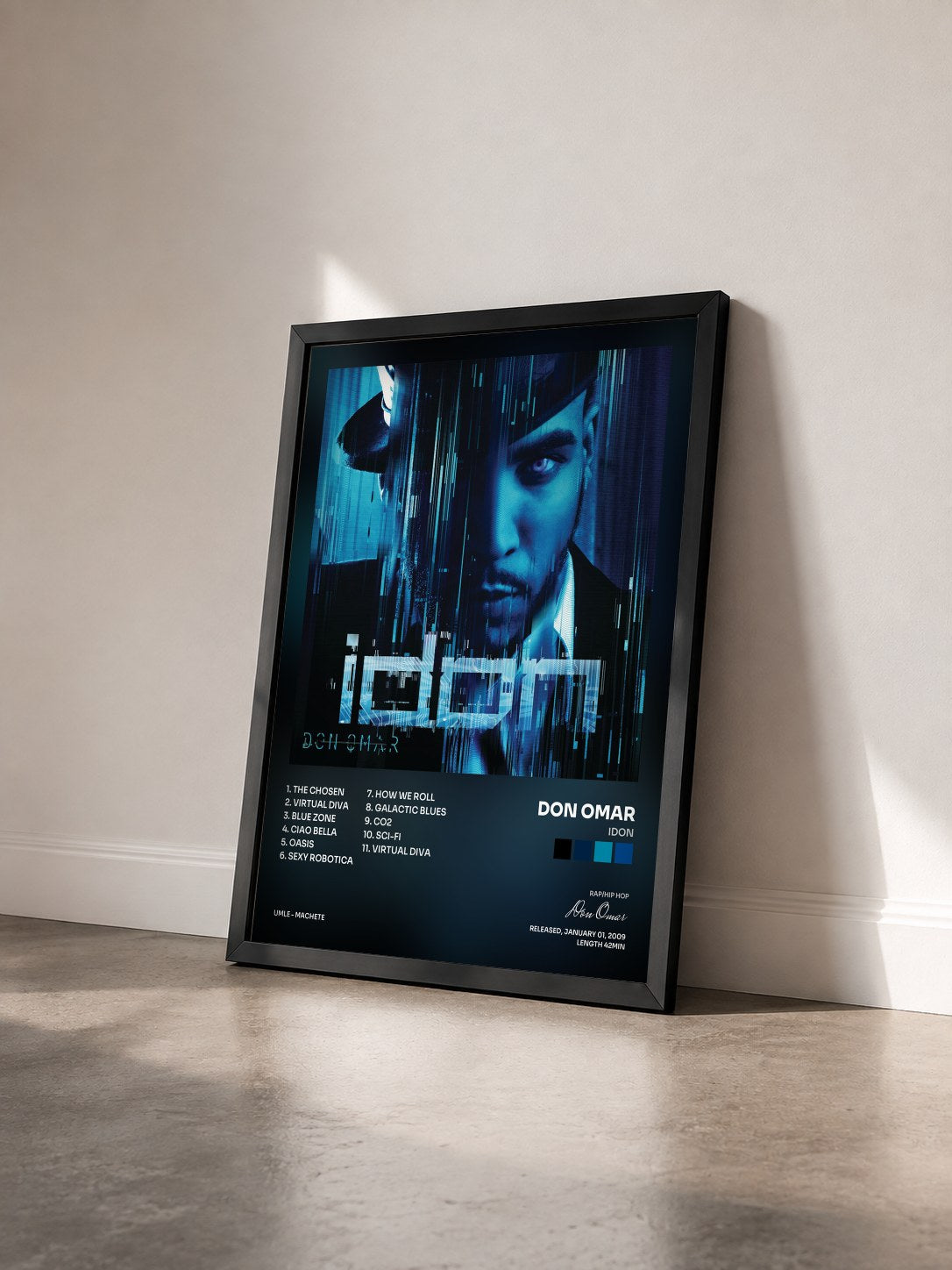 #noir Tableau de l'album iDon de Don Omar vu de trois quarts, cadre noir