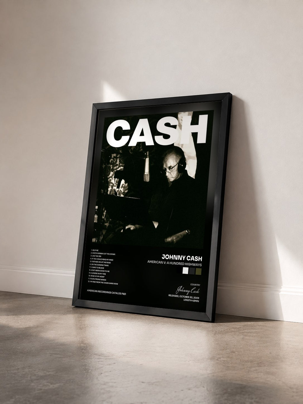 #noir Tableau de l'album American V: A Hundred Highways de Johnny Cash vu de trois quarts, cadre noir