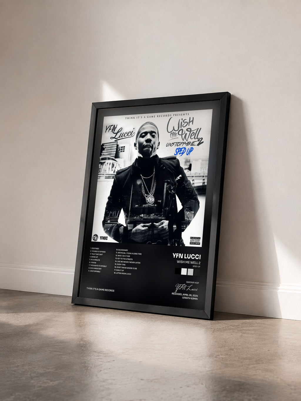 #noir Tableau de l'album Wish Me Well 2 (Sped Up) de YFN Lucci vu de trois quarts, cadre noir