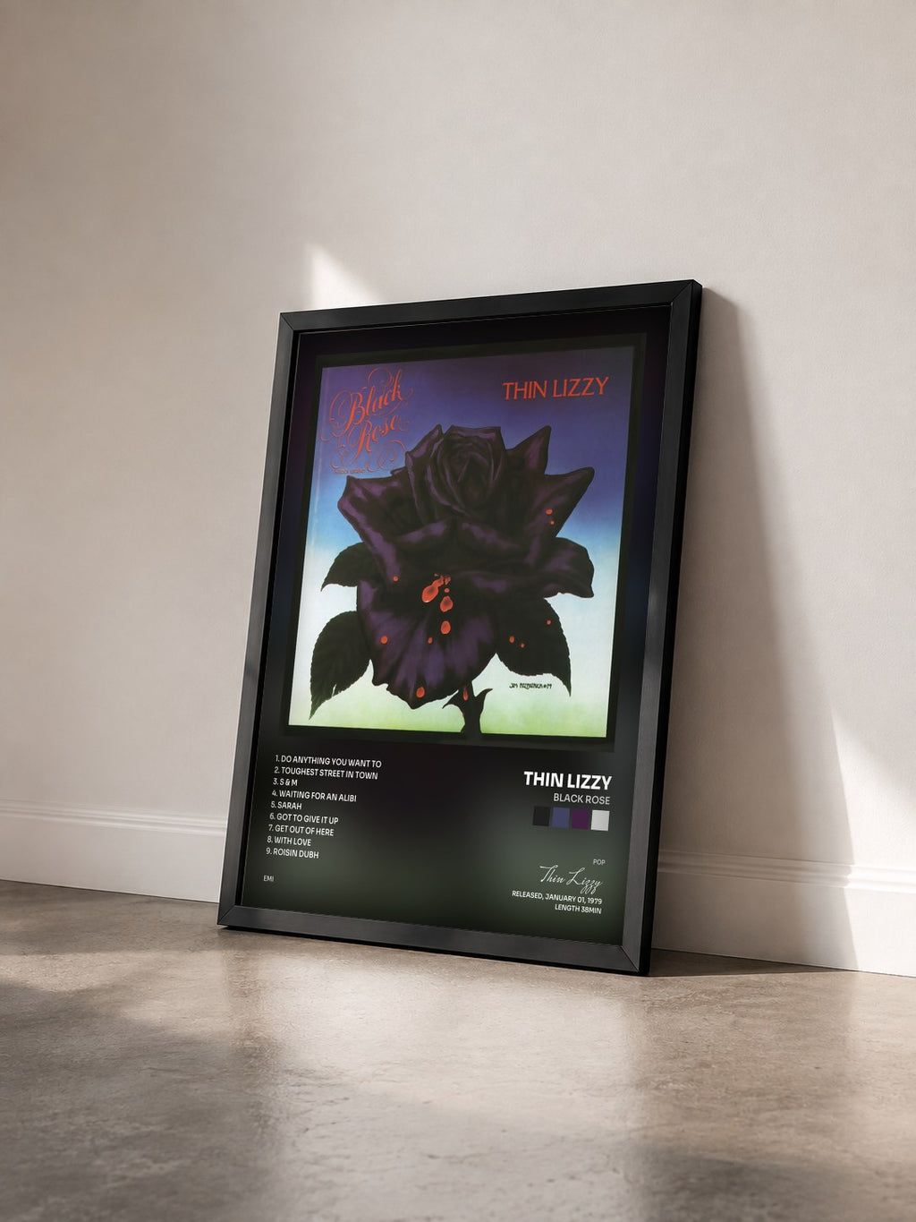 #noir Tableau de l'album Black Rose de Thin Lizzy vu de trois quarts, cadre noir