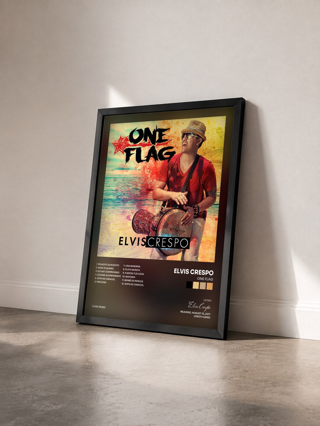 #noir Tableau de l'album One Flag de Elvis Crespo vu de trois quarts, cadre noir