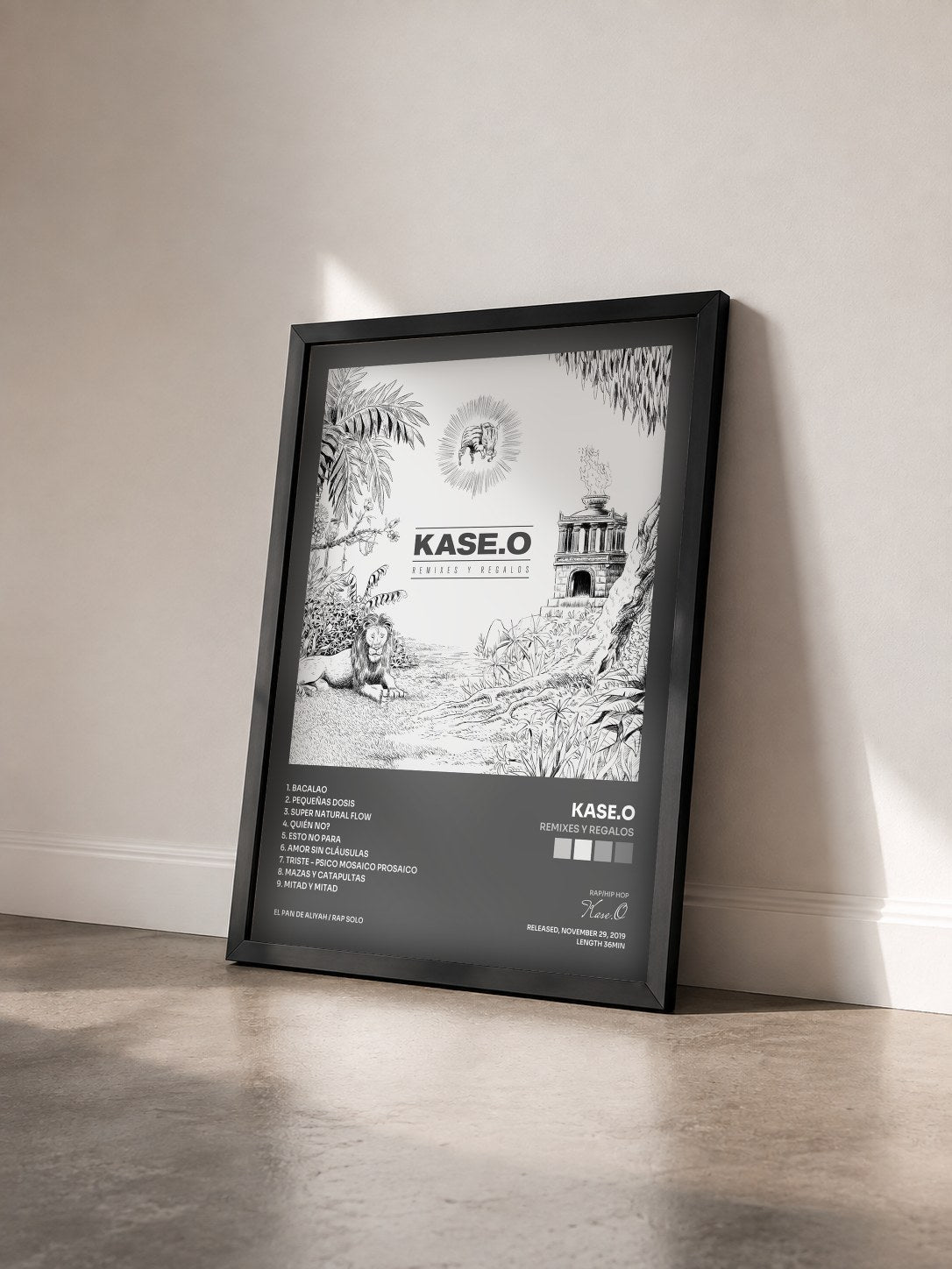 #noir Tableau de l'album Remixes y Regalos de Kase.O vu de trois quarts, cadre noir