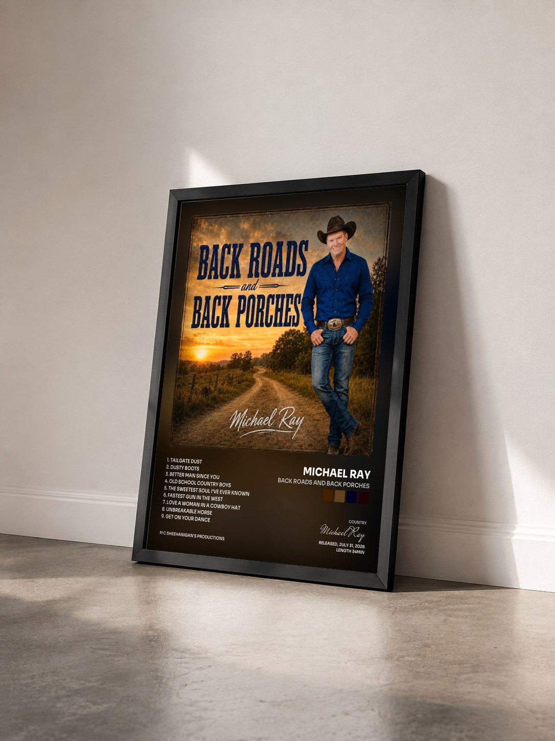 #noir Tableau de l'album Back Roads and Back Porches de Michael Ray vu de trois quarts, cadre noir