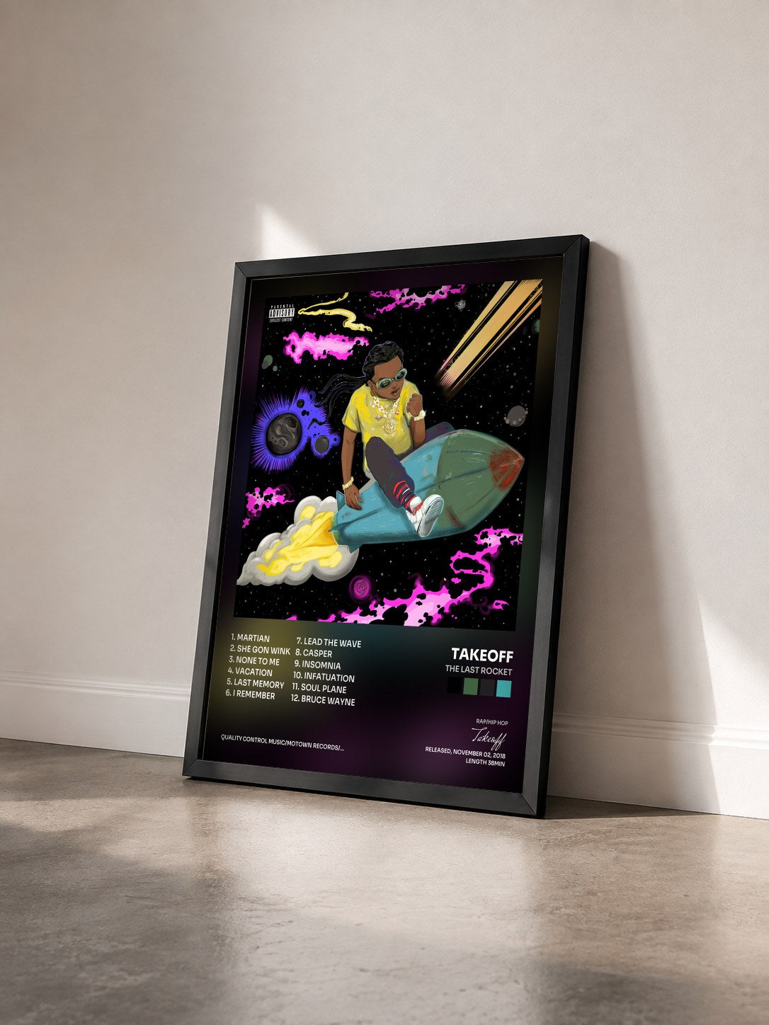 #noir Tableau de l'album The Last Rocket de Takeoff vu de trois quarts, cadre noir
