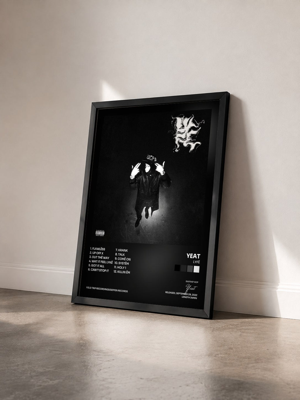 #noir Tableau de l'album Lyfë de Yeat vu de trois quarts, cadre noir