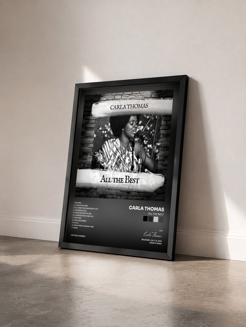 #noir Tableau de l'album All the Best de Carla Thomas vu de trois quarts, cadre noir