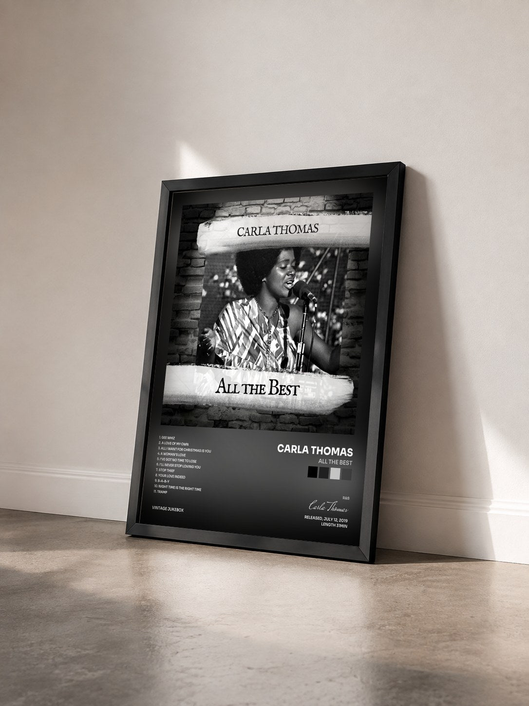 #noir Tableau de l'album All the Best de Carla Thomas vu de trois quarts, cadre noir
