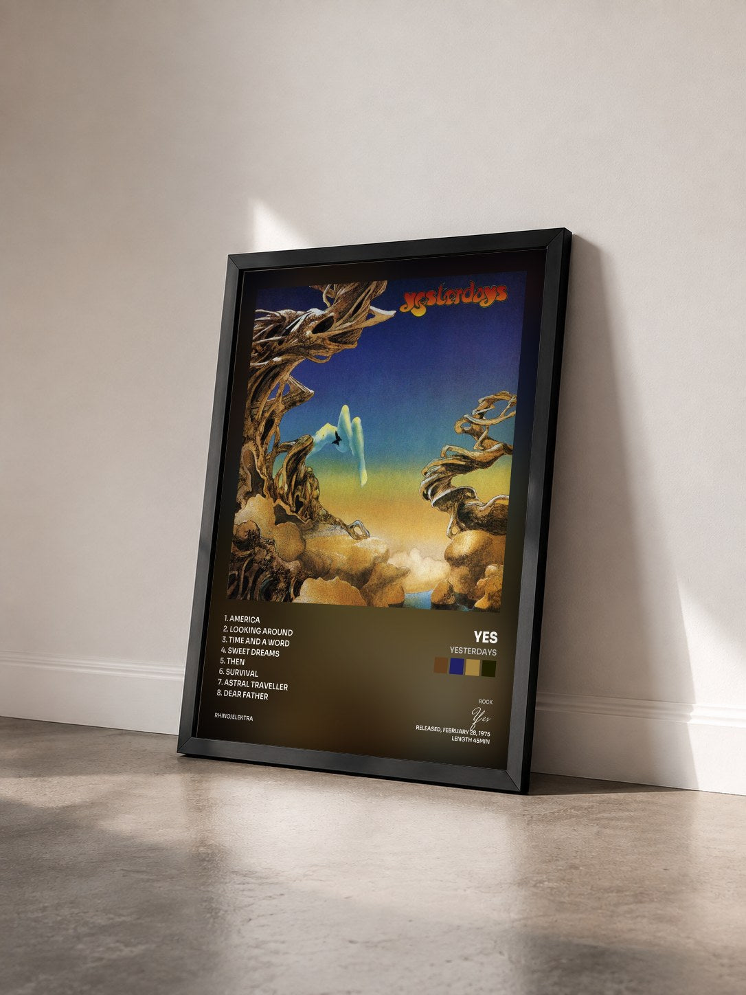 #noir Tableau de l'album Yesterdays de Yes vu de trois quarts, cadre noir