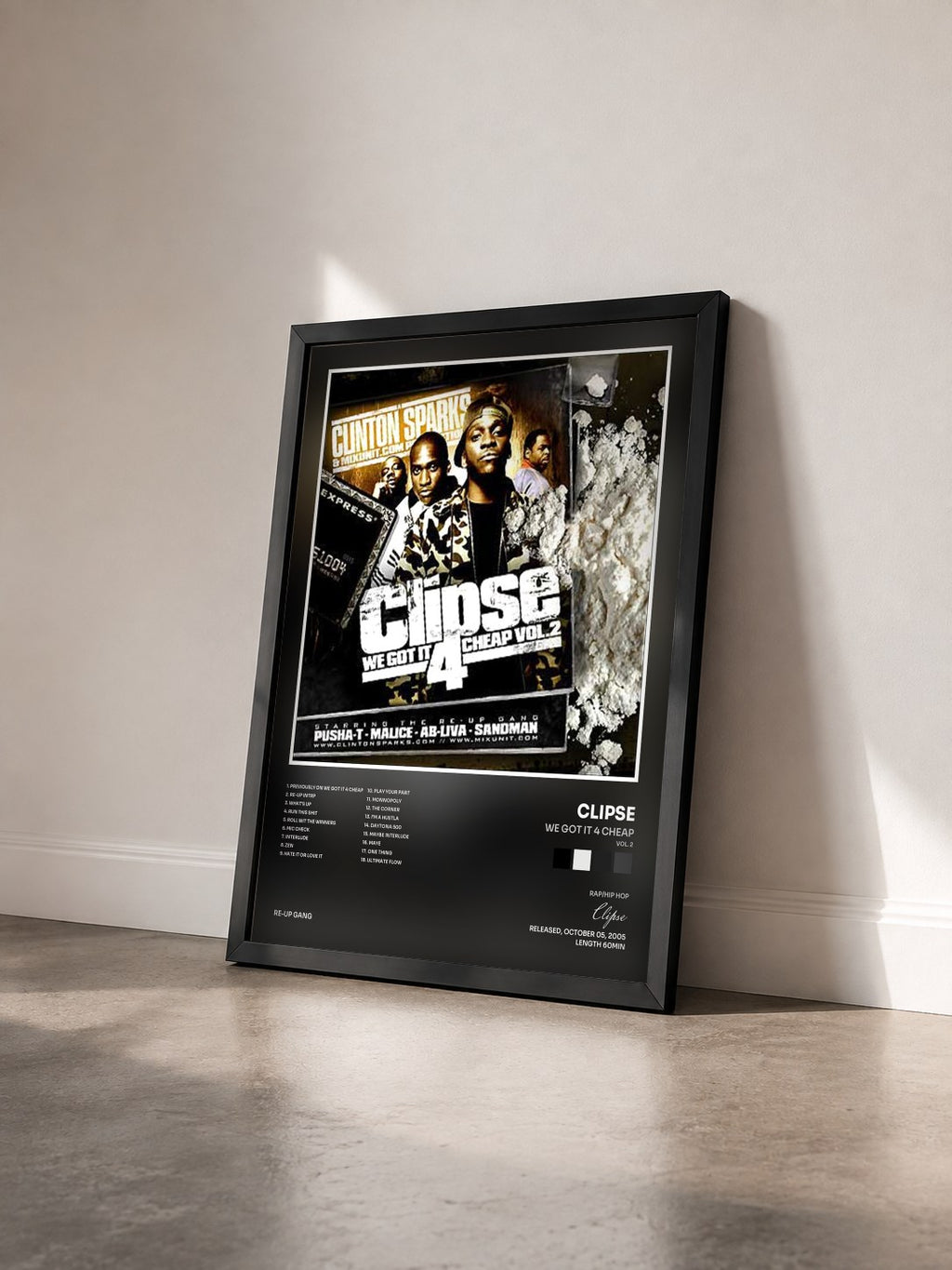 #noir Tableau de l'album We Got It 4 Cheap (Vol. 2) de Clipse vu de trois quarts, cadre noir