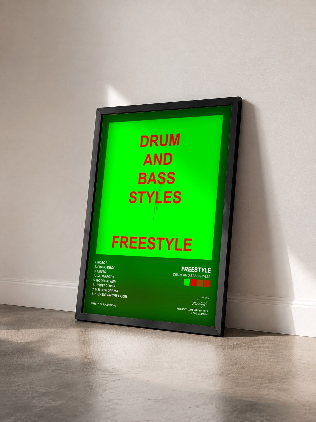 #noir Tableau de l'album Drum and bass STYLES de Freestyle vu de trois quarts, cadre noir