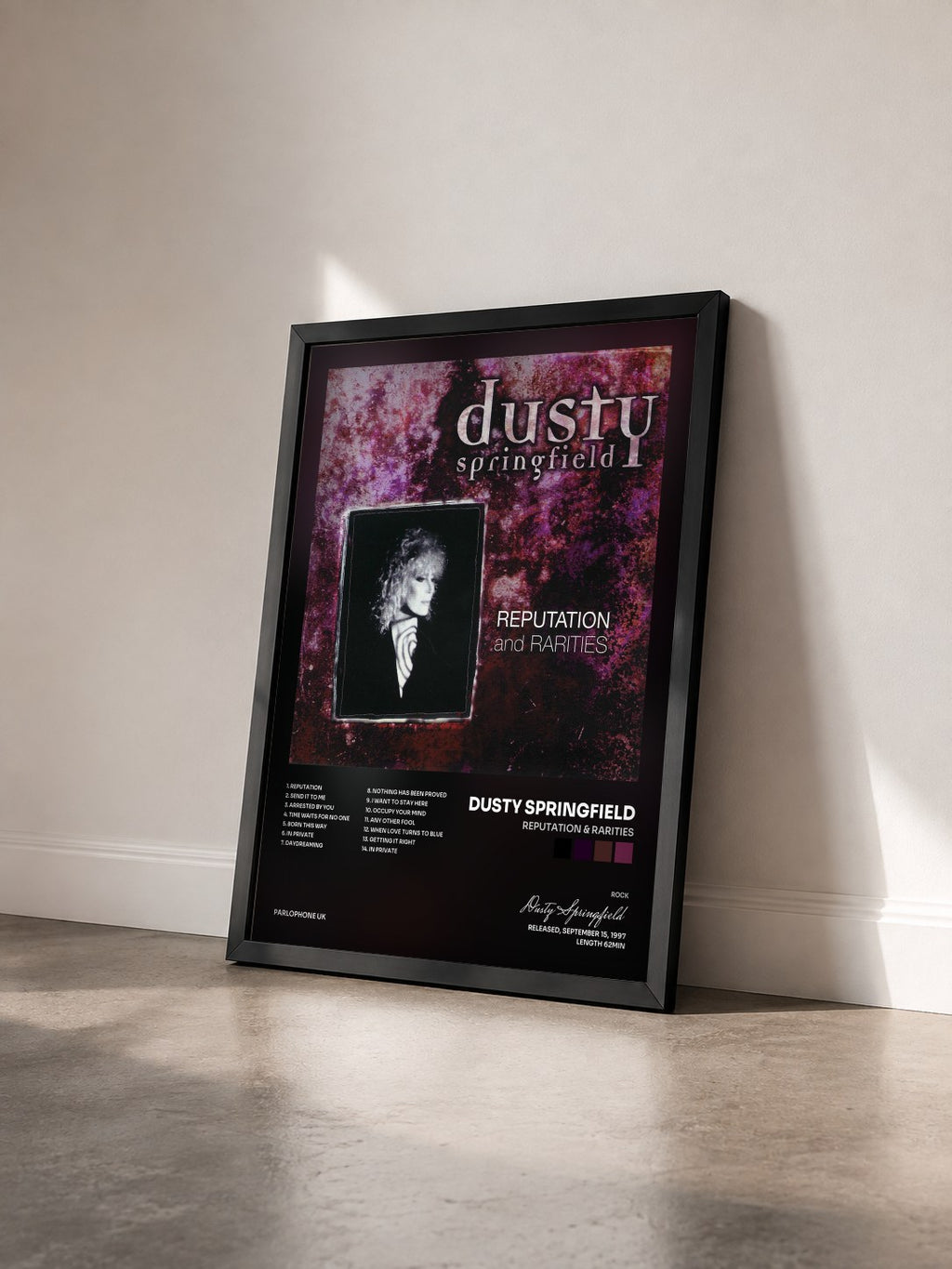 #noir Tableau de l'album Reputation & Rarities de Dusty Springfield vu de trois quarts, cadre noir