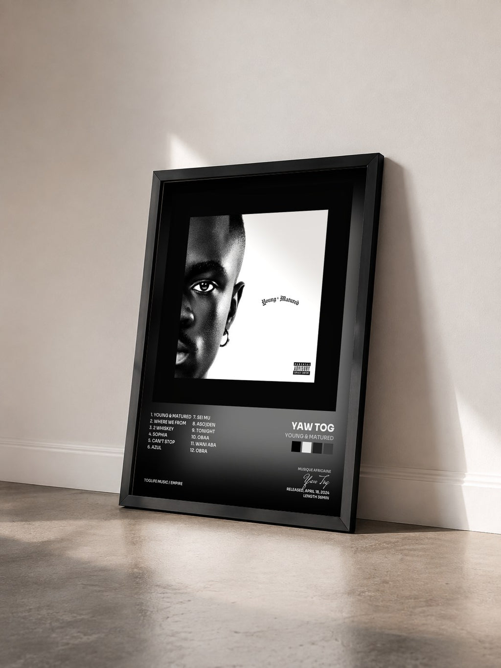 #noir Tableau de l'album Young & Matured de Yaw Tog vu de trois quarts, cadre noir