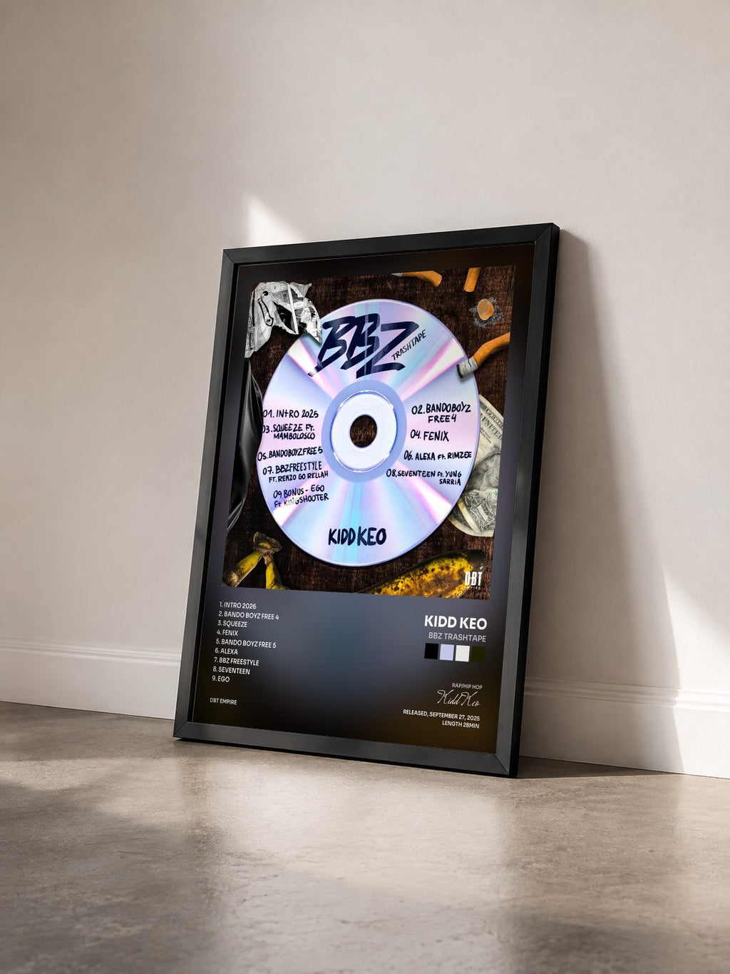 #noir Tableau de l'album BBZ TRASHTAPE de Kidd Keo vu de trois quarts, cadre noir