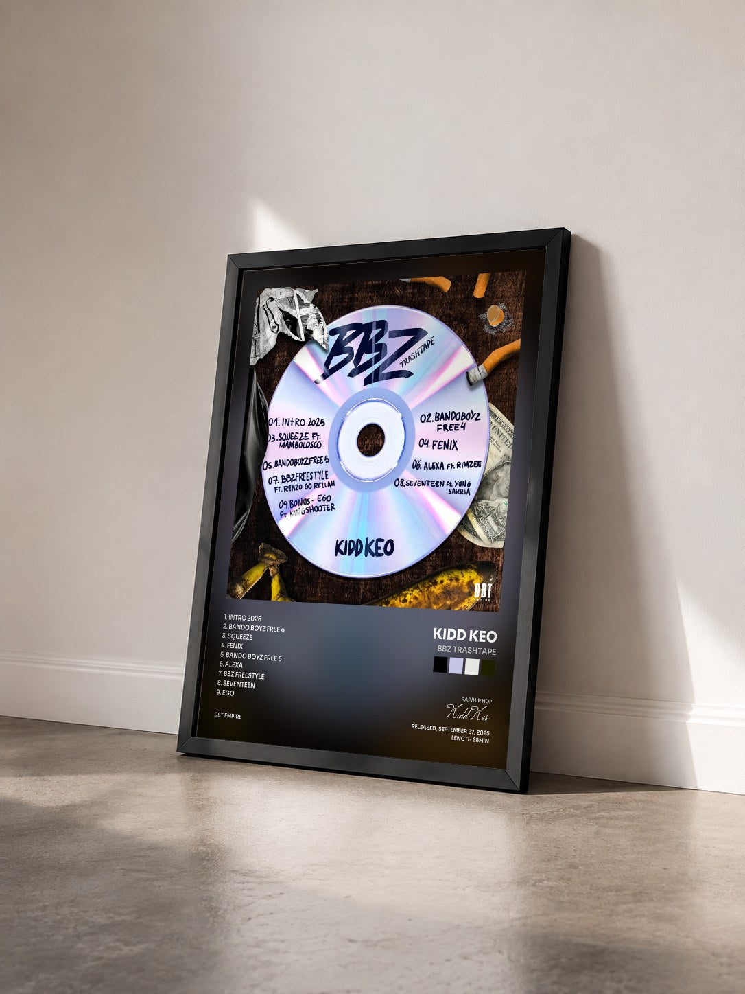 #noir Tableau de l'album BBZ TRASHTAPE de Kidd Keo vu de trois quarts, cadre noir