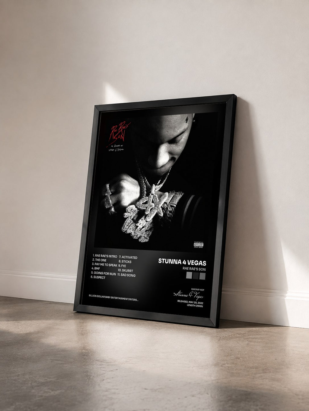 #noir Tableau de l'album Rae Rae's Son de Stunna 4 Vegas vu de trois quarts, cadre noir