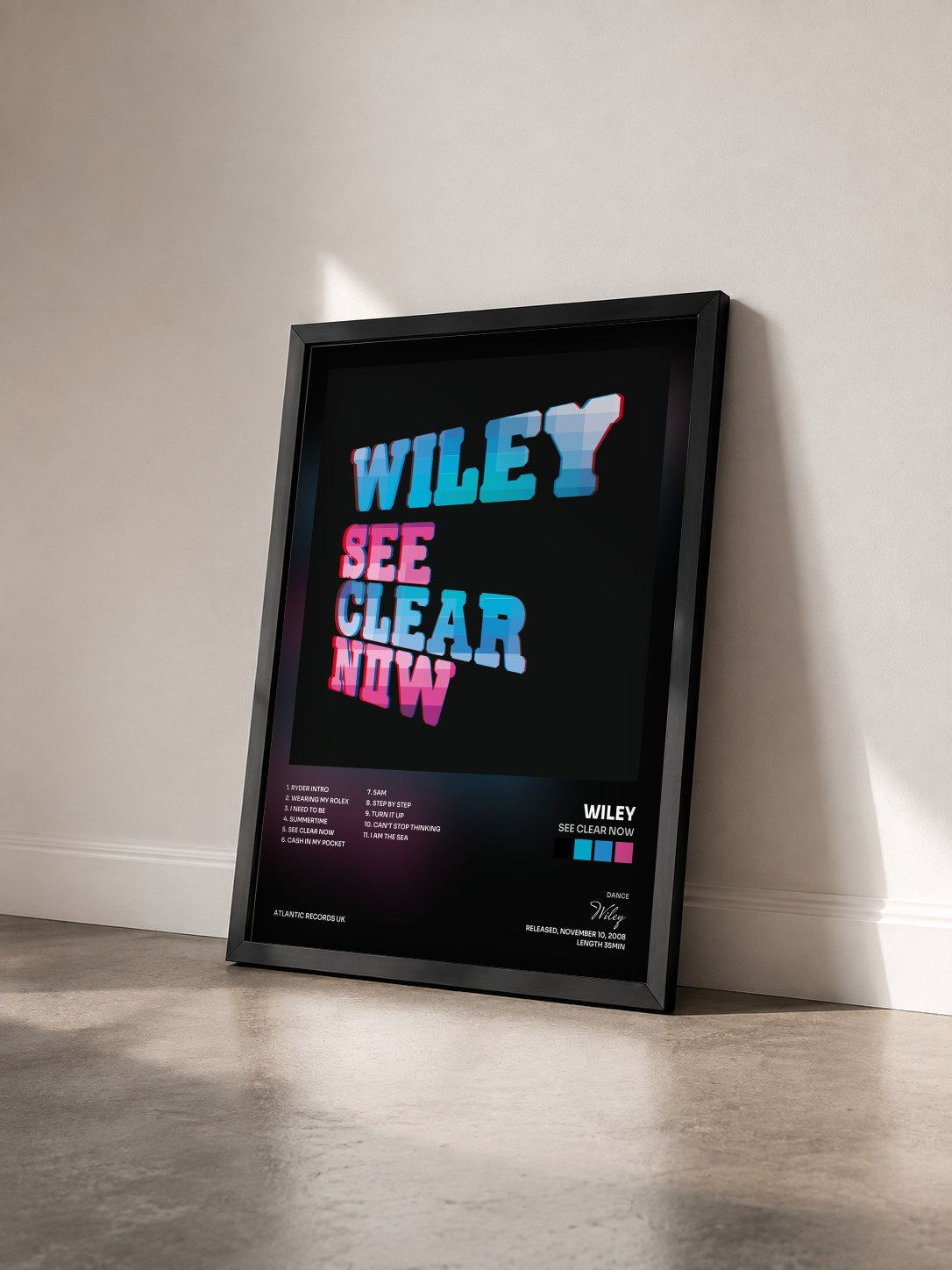 #noir Tableau de l'album See Clear Now de Wiley vu de trois quarts, cadre noir