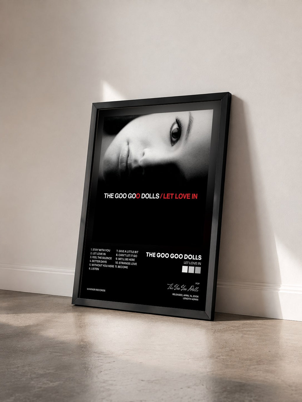 #noir Tableau de l'album Let Love In de The Goo Goo Dolls vu de trois quarts, cadre noir