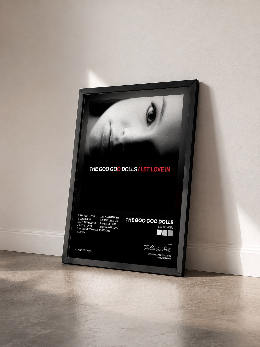 #noir Tableau de l'album Let Love In de The Goo Goo Dolls vu de trois quarts, cadre noir
