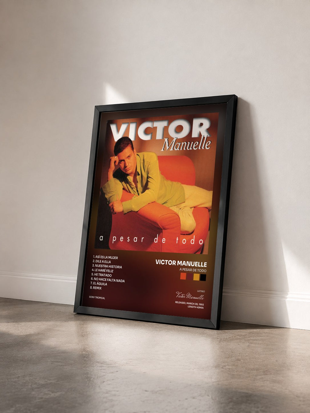 #noir Tableau de l'album A Pesar De Todo de Victor Manuelle vu de trois quarts, cadre noir