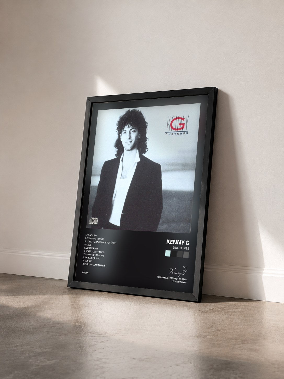 #noir Tableau de l'album Duotones de Kenny G vu de trois quarts, cadre noir