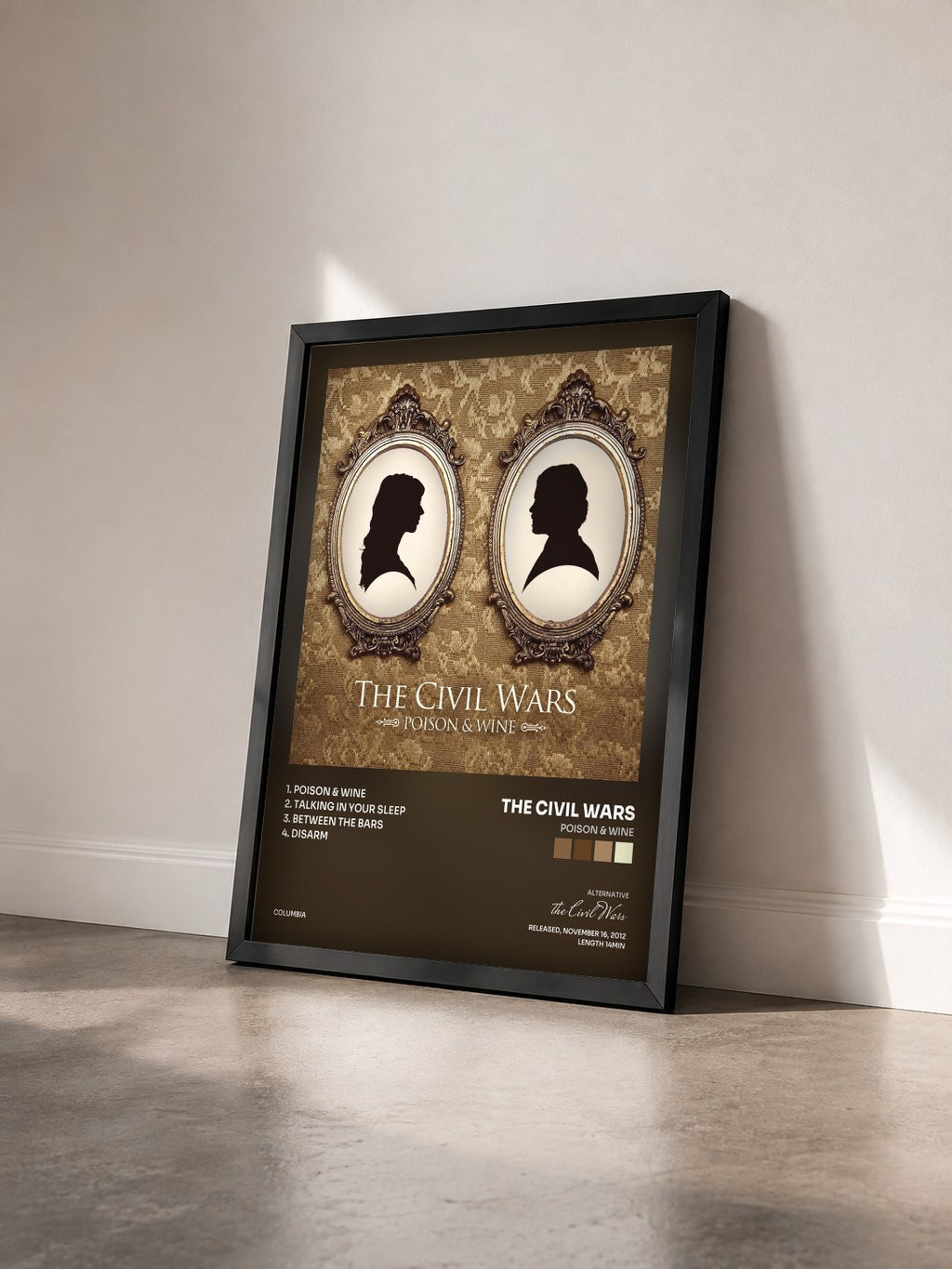 #noir Tableau de l'album Poison & Wine de the Civil Wars vu de trois quarts, cadre noir