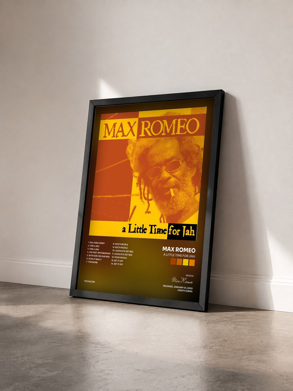 #noir Tableau de l'album A Little Time For Jah de Max Romeo vu de trois quarts, cadre noir