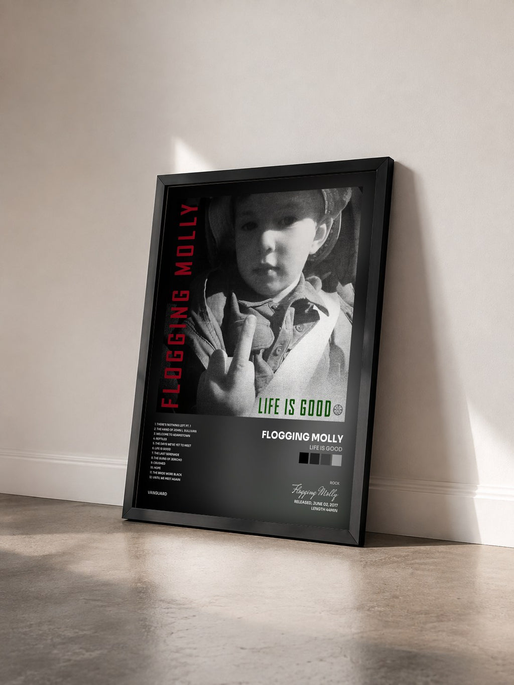 #noir Tableau de l'album Life Is Good de Flogging Molly vu de trois quarts, cadre noir