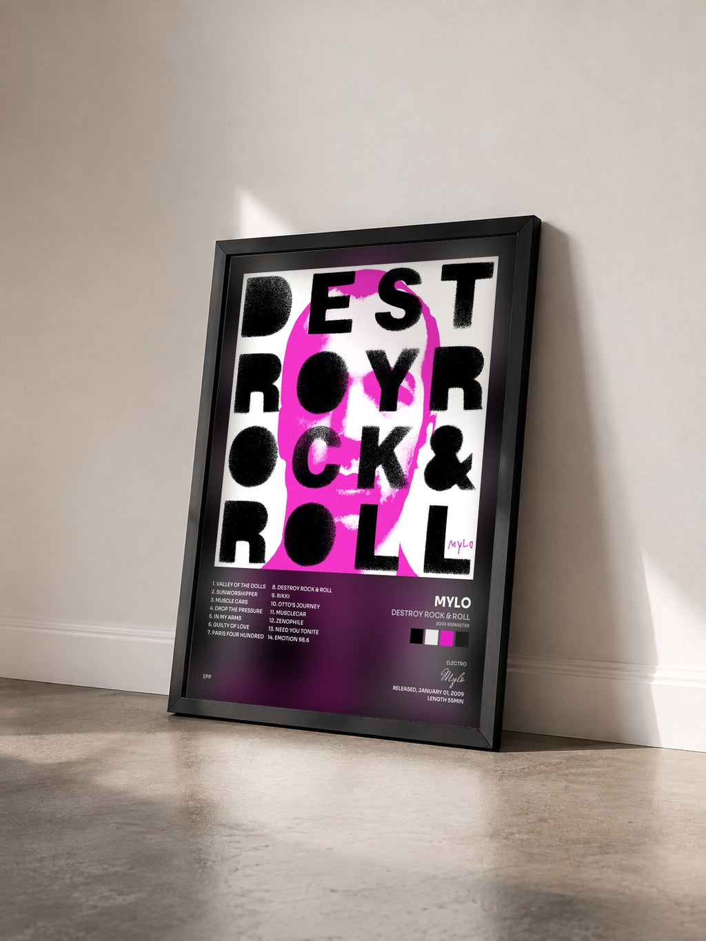 #noir Tableau de l'album Destroy Rock & Roll (2005 Remaster) de Mylo vu de trois quarts, cadre noir