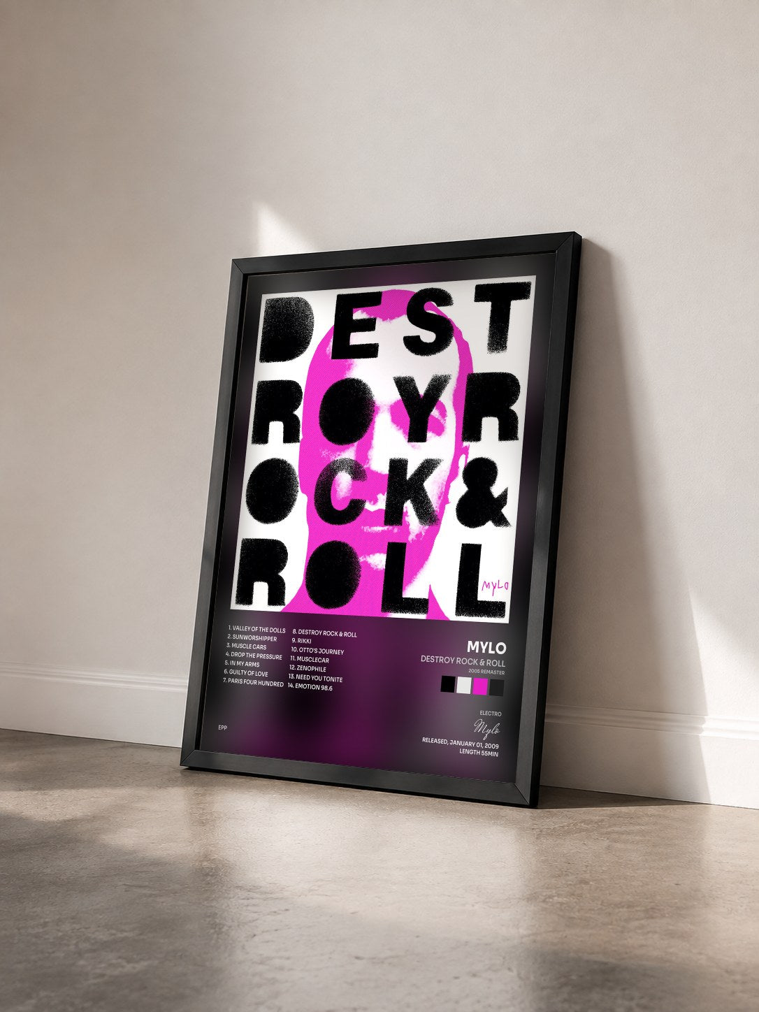 #noir Tableau de l'album Destroy Rock & Roll (2005 Remaster) de Mylo vu de trois quarts, cadre noir