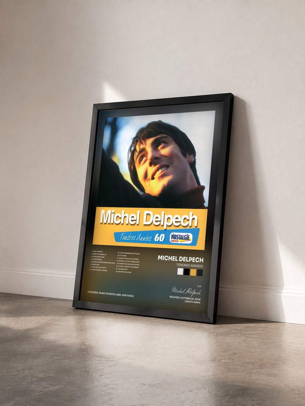 #noir Tableau de l'album Tendres Annees de Michel Delpech vu de trois quarts, cadre noir