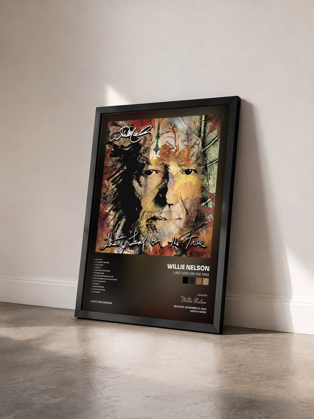 #noir Tableau de l'album Last Leaf On The Tree de Willie Nelson vu de trois quarts, cadre noir