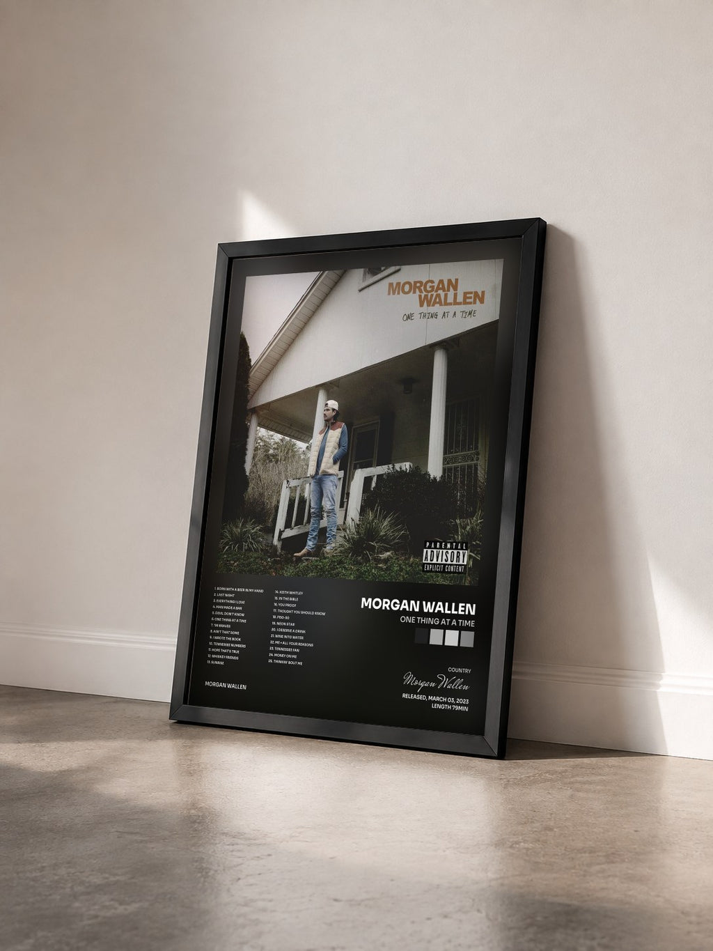 #noir Tableau de l'album One Thing At A Time de Morgan Wallen vu de trois quarts, cadre noir