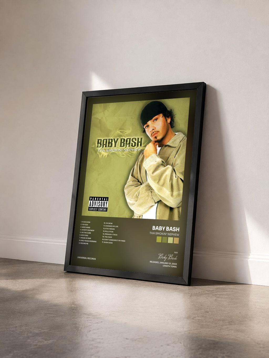 #noir Tableau de l'album Tha Smokin' Nephew de Baby Bash vu de trois quarts, cadre noir