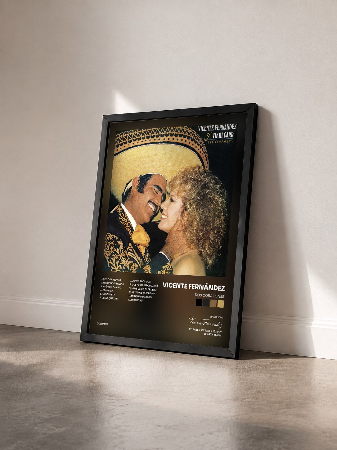 #noir Tableau de l'album Dos Corazones de Vicente Fernández vu de trois quarts, cadre noir