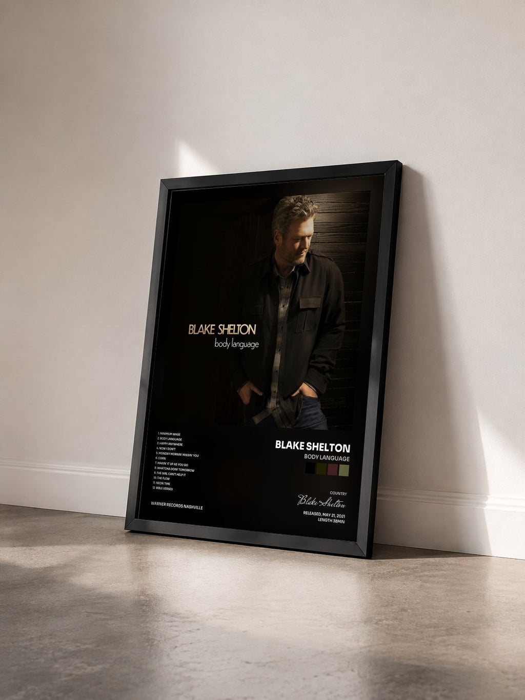 #noir Tableau de l'album Body Language de Blake Shelton vu de trois quarts, cadre noir