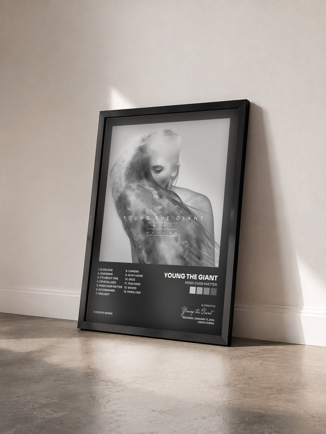 #noir Tableau de l'album Mind Over Matter de Young the Giant vu de trois quarts, cadre noir